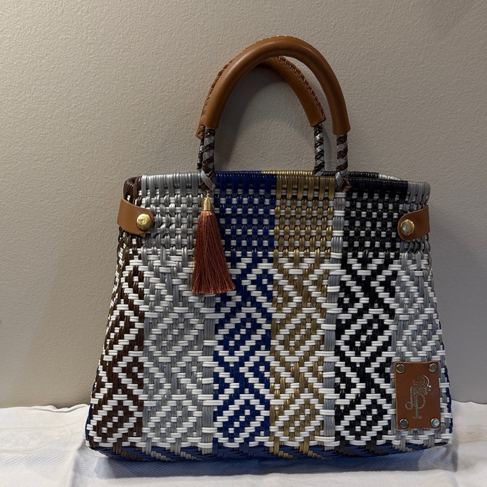 Geometric Pattern Woven Tote with Leather Handles